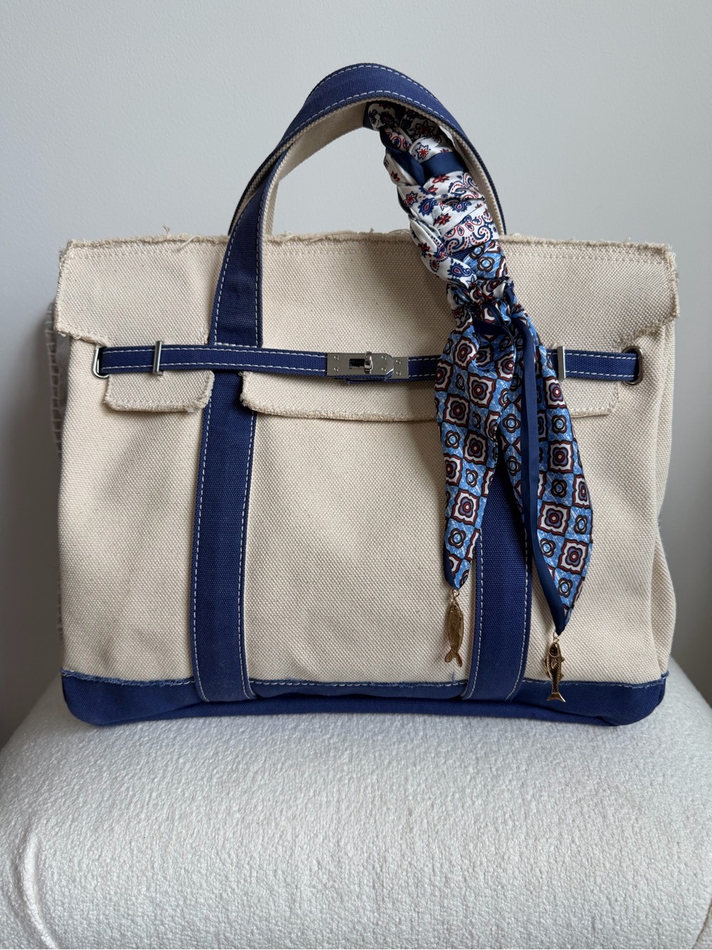 Large Canvas Tote with Navy Trim and Scarf Accent